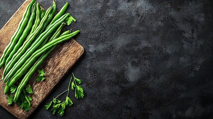 Poster - Green beans on wooden cutting board Top view : Generative AI