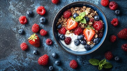Poster - Healthy breakfast muesli granola with yogurt fruits and berries in blue bowl Stripped textile background Top view : Generative AI