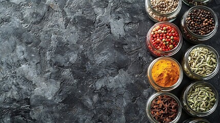 Poster - Spices assortment in jars fennel coriander cumin seed Grey stone background Top view Copy space : Generative AI