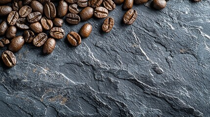 Poster - Coffee beans on grey slate background Top view Copy space : Generative AI