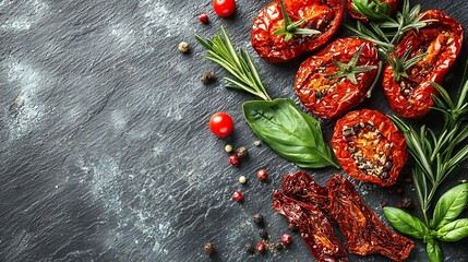 Poster - Sun dried tomatoes with fresh herbs and spices Slate background Top view Copy space : Generative AI