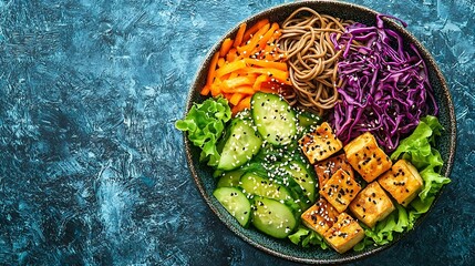 Poster - Soba noodles with vegetables and fried tofu in a bowl Blue background Copy space Top view : Generative AI