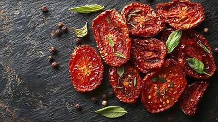 Poster - Sun dried tomatoes with fresh herbs and spices Slate background Top view : Generative AI
