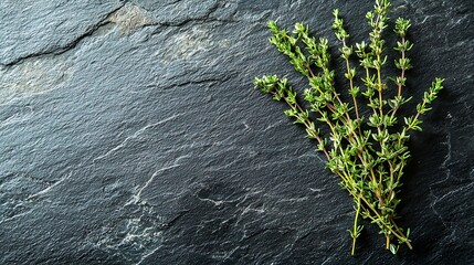 Poster - Fresh thyme bunch on slate background Top view Copy space : Generative AI