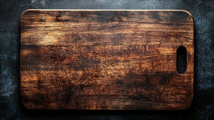 Poster - Wooden tray cutting board Dark background Copy space Top view : Generative AI