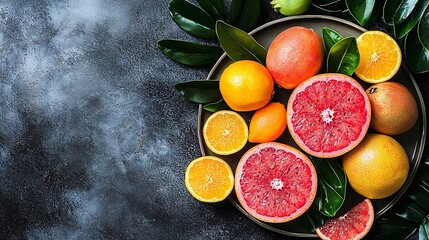 Poster - Tropical fruits assortment on a plate Grey background Copy space Top view : Generative AI