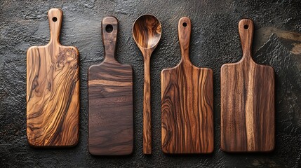 Aufkleber - Set of chopping different wooden boards spoons Stone background : Generative AI