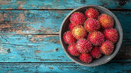 Poster - Fresh rambutans in a grey stone bowl on wooden colorful background Copy space Top view : Generative AI