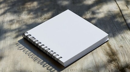 A white square spiral-bound notebook sits on a light-colored wooden surface.

