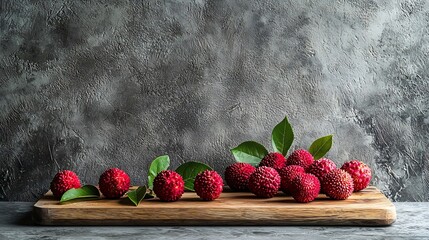 Poster - Lychee with leaves on a wooden board still life Copy space : Generative AI
