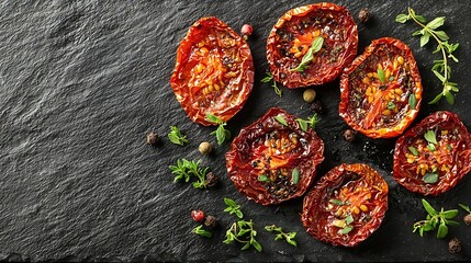 Poster - Sun dried tomatoes with fresh herbs and spices Slate background Close up Top view : Generative AI