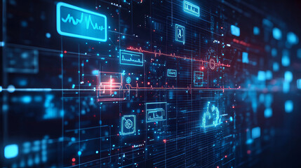 Modern healthcare uses digital technology to improve treatments. This image shows a futuristic blue background with medical symbols, representing the use of high-tech tools in medicine.
