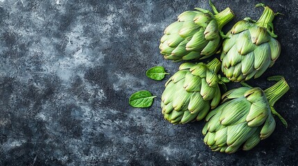 Poster - Fresh artichokes hearts on dark marble background Close up Top view : Generative AI