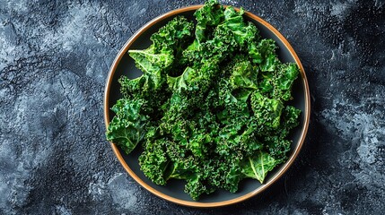 Poster - Kale chips healthy snack on a plate Grey background Copy space : Generative AI