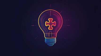 A lightbulb with a puzzle piece inside, drawn in a simple line style. This icon represents finding a creative solution. It has a retro, 80s cyberpunk feel.