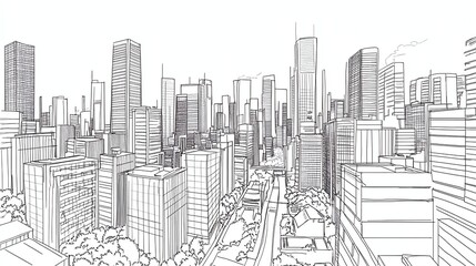 A hand-drawn illustration of a city skyline with skyscrapers.