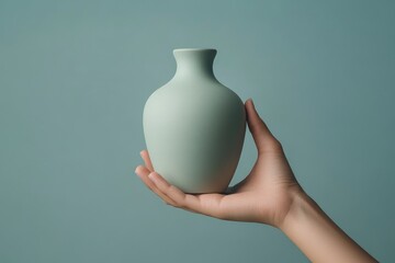 A person showcasing a designer ceramic vase with a solid color backdrop, emphasizing its sophisticated design and craftsmanship. 