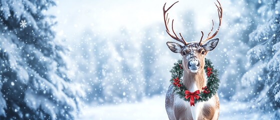 Reindeer with Christmas wreath in snow