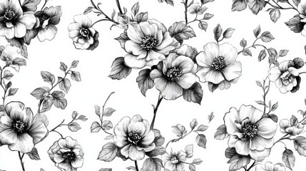 Wall Mural - A black and white floral patterned background with flowers