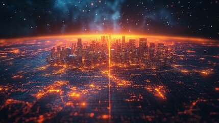 A Futuristic Cityscape with Orange and Blue Lights on a Circuit Board-Like Surface