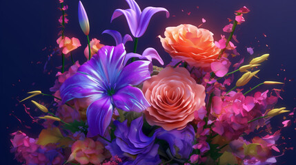 Wall Mural - vibrant and colorful flower bouquet against a dark purple background bright flare violet background