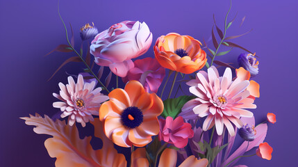 Wall Mural - vibrant and colorful flower bouquet against a dark purple background bright flare violet background
