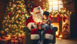 © M.studio - A heartwarming scene of Santa Claus giving a gift to a young child by a glowing Christmas tree, symbolizing the joy and magic of the holiday season