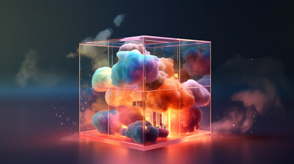 A digital representation of a quantum computer, orange computer boards microchips  Multi-cornered tech cube, Angular metallic surfaces with shine energy background