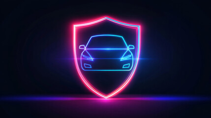 A simple, outlined icon of a car with a shield behind it, made of neon lights. This icon represents car protection and security.