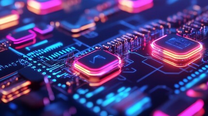 Blockchain disruption, glowing hologram nodes, digital tech scene, neon hues