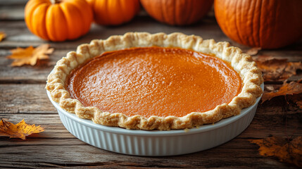 Whole pumpkin pie on rustic wooden table with pumpkins and autumn leaves for food photography