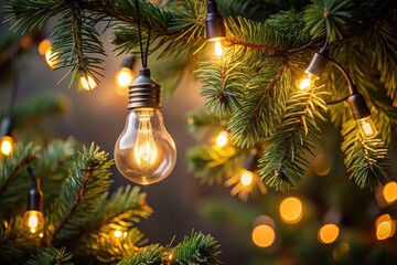 Glow of light bulb on Christmas tree silhouette in the dark