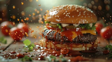 Juicy cheeseburger with ketchup and mayonnaise splashing and ingredients splattering on wooden surface, surrounded by cherry tomatoes and warm bokeh background.