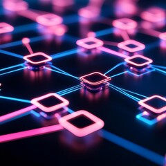 blockchain disruption, neon hologram web, digital transformation, futuristic feel