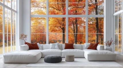 Wall Mural - Minimalist Scandinavian living room, white walls, large windows, vibrant fall landscape