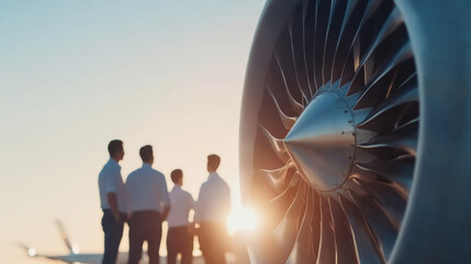 Engineers collaborate near jet engine, discussing project details against sunset backdrop. scene captures teamwork and innovation in aviation industry