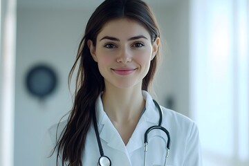 A smiling female doctor in a contemporary clinic, wearing her stethoscope confidently.