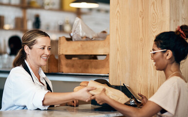 Poster - People, customer and phone for bakery payment, digital wallet and tap for breakfast transaction. Women, cashier and helping person with sale in restaurant, takeaway and internet for buying food