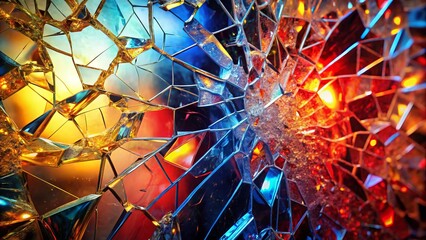 Abstract Shattered Glass Background in Red, Blue, and Gold Colors for Modern Art and Design Projects