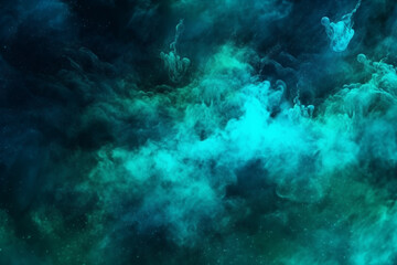 Wall Mural - Blue green shiny glitter steam cloud blend on dark black abstract art background. Color mist. Ink water. Haze texture.