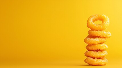 Poster - A close-up of golden-fried calamari rings, featuring a warm blend of golden yellow and deep bronze tones, against a warm amber background with plenty of copy space.