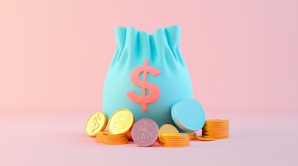 3D Icon of a Money Bag with Coins