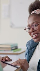 Aufkleber - Woman, help and education with teacher in quiz or classroom for project or development. Female person, learners and examination as assessment for high school test with knowledge, students and growth