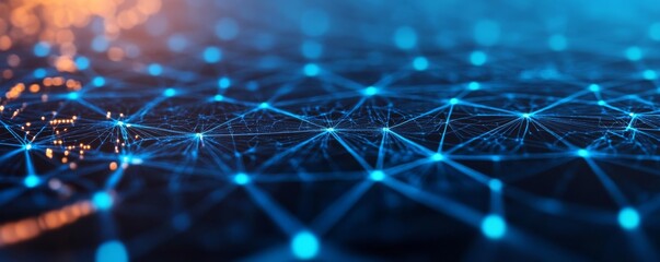 Cyber blockchain transformation, digital hologram web, tech innovation, blue glow