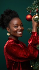 Half body shot of an African woman in a red satin blouse, smiling while hanging a bauble on a Christmas tree, with a soft forest green studio backdrop, holiday season, Christmas celebration, 