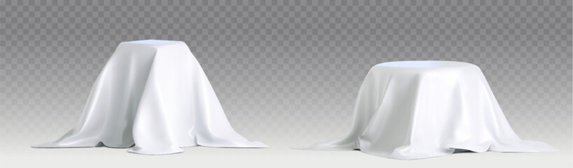 Poster - Podium covered with white silk cloth set isolated on transparent background. Vector realistic illustration of surprise box, secret gift package hidden under satin fabric, product presentation pedestal
