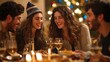 © kimly - Friends enjoying a lively Hanukkah party, laughing and sharing stories around a table.