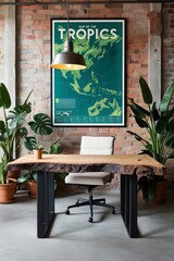 Wall Mural - Tropical industrial home office interior design with poster frame