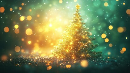 christmas tree bokeh light in green yellow golden color, holiday abstract background, blur defocused