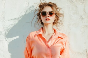 Wall Mural - A young woman wearing sunglasses and a pink shirt leans against a white wall with her hair blowing in the wind.